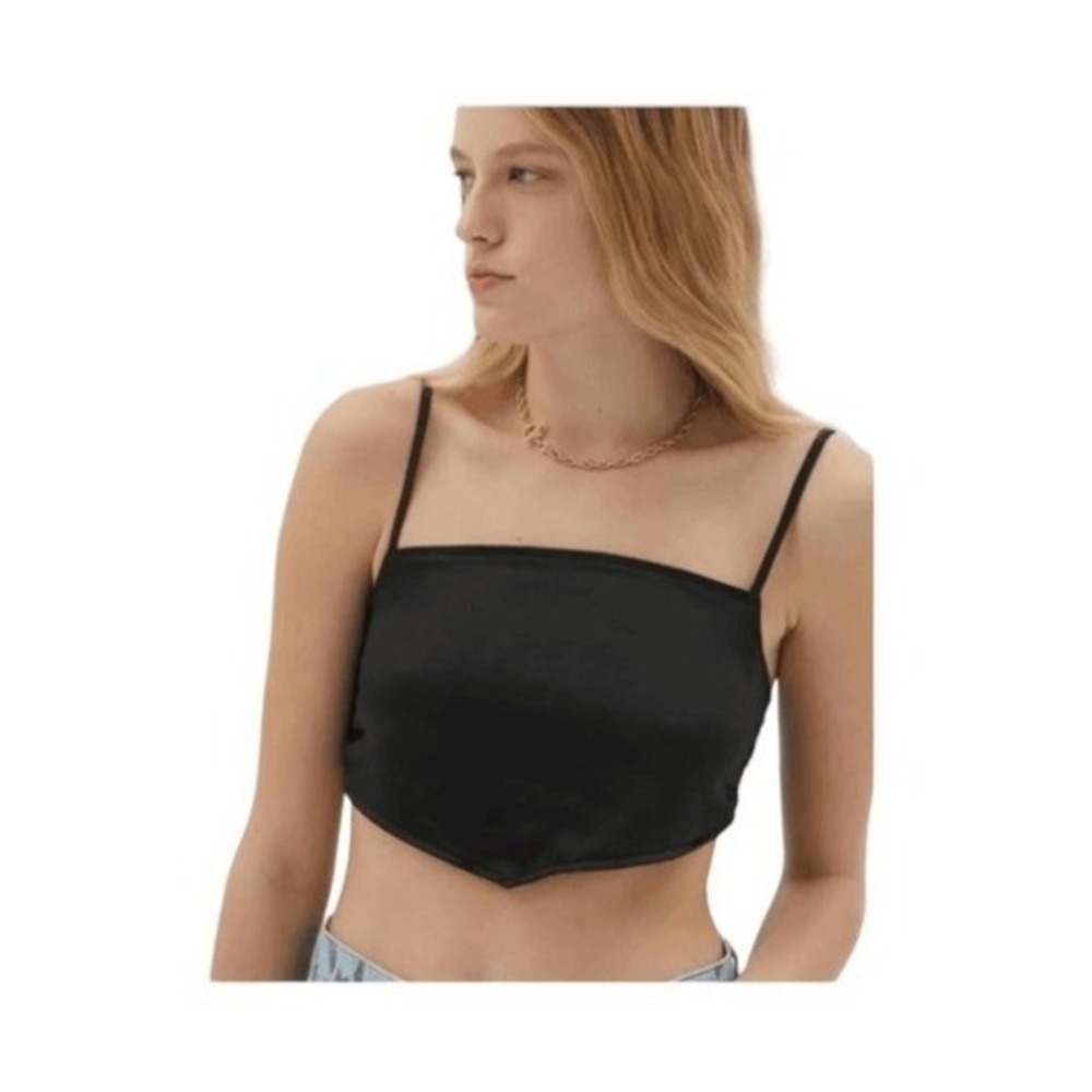 Motel Rocks Zashe Satin Tie Back Halter Top Black Spaghetti Straps Cropped S‎